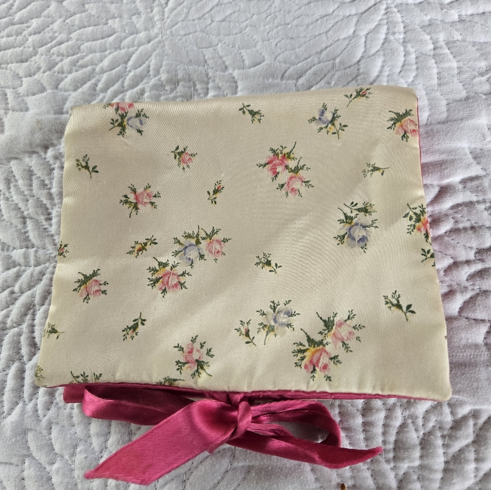 Vintage Rosebud Satin Lingerie Pouch with Pink Ribbon